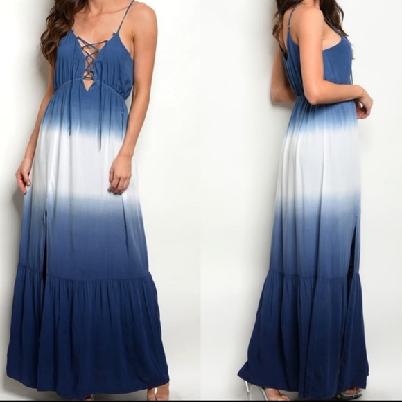 SummerChance Dresses & Skirts - ZELDA Ombre Lace Up Blue Maxi Dress Size Small NWT